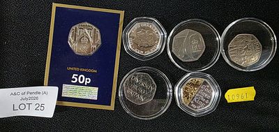 Six 50 pence coins in capsules (6)