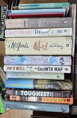 Box of approx 17 signed, first edition books, mainly hardback to include Louis de Bernieres 