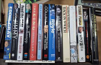 Box of approx 14 signed, first edition hardback books to include Stanley Mathews, John Barnes 