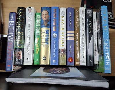Box of approx 15 signed, first edition hardback books , mainly cricket to include Dickie Bird 