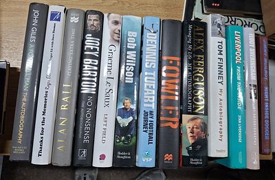Box of approx 13 signed, first edition hardback football books to include John Giles, Tom 