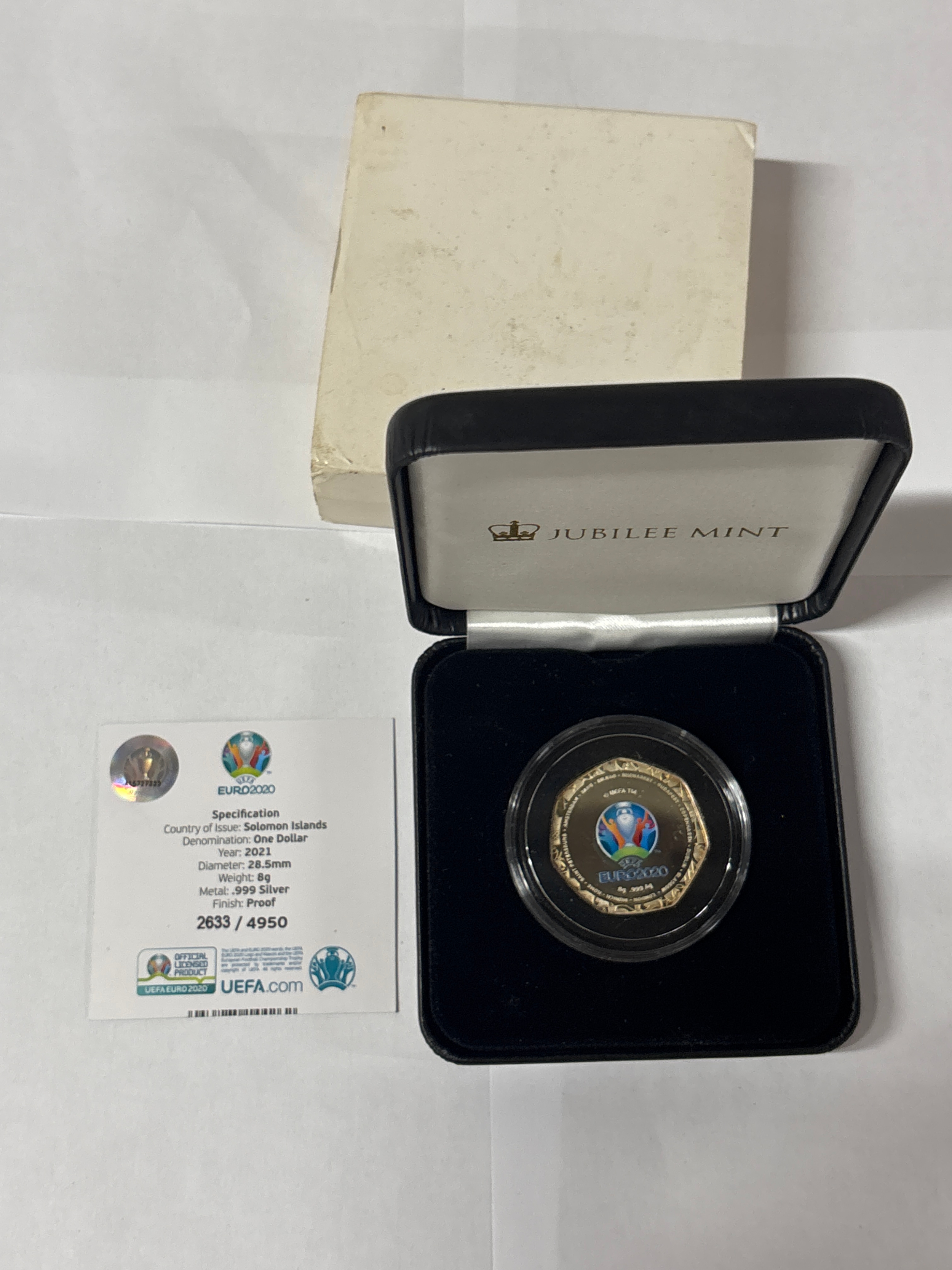 Euro 2020 “One Dollar” 999 Silver 50p Solomon Islands coin in boxed and case