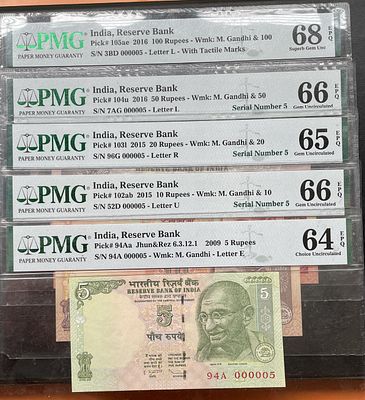 Fancy Number Note Republic India Fancy Number Bank Note Set Of 5 Notes 000005 in Rs 5,10,20,50 