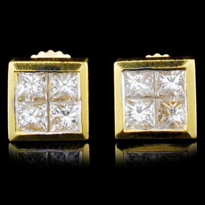 18K Gold 1.10ctw Diamond Earrings. 18K Yellow Gold 1.10ctw Diamond Earrings A refined pair of 