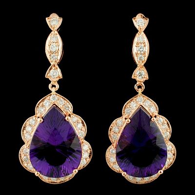 14K Gold 17.00ct Amethyst & 1.50ct Diamond Earring. 14K Rose Gold 17.00ctw Amethyst and 1.50ctw 