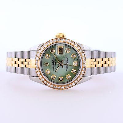 Rolex DateJust YG/SS MOP Diamond 26 Wristwatch. Rolex DateJust 26mm Two-Tone Green MOP Diamond 