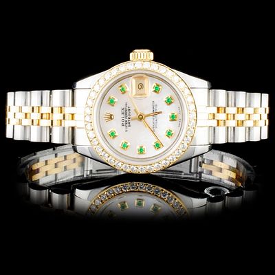 Rolex YG/SS DateJust Diamond Ladies Watch. Rolex DateJust 26mm Two-Tone Diamond and Emerald 
