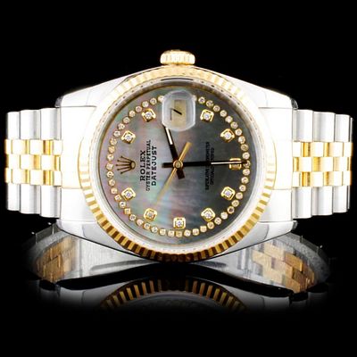 Rolex Two-Tone 36MM DateJust Diamond Watch. Rolex Two-Tone DateJust Black MOP Diamond 36mm Watch 