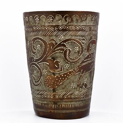Engraved Brass Beaker Stylized Bird Foliate Motifs. ABV600 Description: A cylindrical brass 