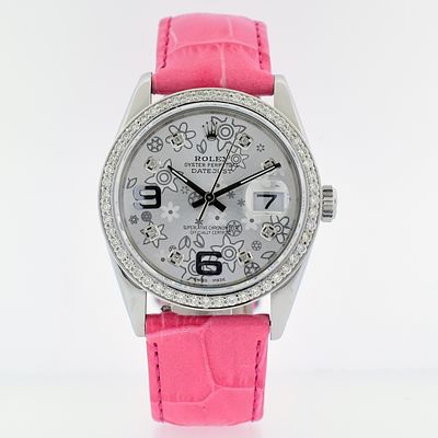 Rolex DateJust SS Floral 1.50ct Dia 36 Pink Strap. Rolex DateJust 36mm Floral Diamond Pink Strap 