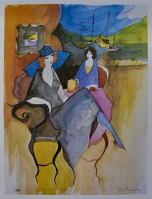 Itzchak Tarkay “Somber Moment” Limited Edition Lithograph A charming limited-edition lithograph 