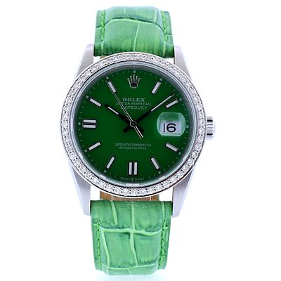 Rolex DateJust SS Green 1.50ct Diam 36 Leather Wat. Estimated Retail Replacement Value: $24 