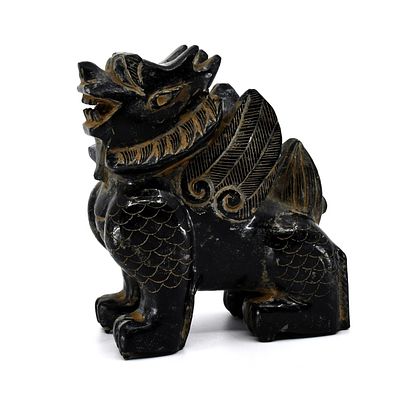 Antique Chinese Black Onyx Foo Dog Guardian Carvin. Substantial Chinese carved black onyx or 
