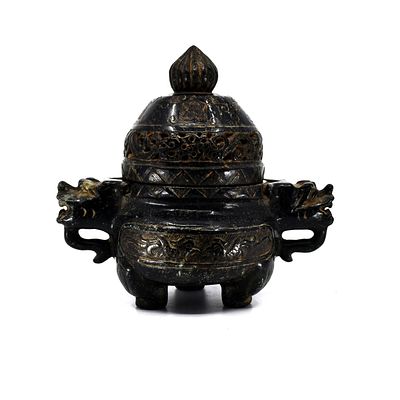 Estate Chinese Carved Onyx Dragon Tripod Censer. Estate Chinese carved Onyx stone lidded censer 