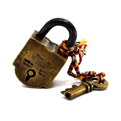 Antique Harrison 7-Lever Brass Padlock & Key. Substantial Harrison brass 7-lever padlock with 