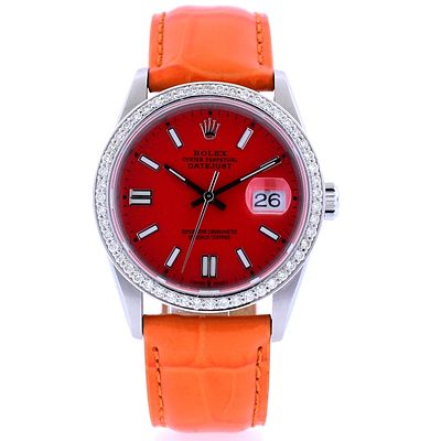 Rolex DateJust Orange 1.50ct Dia 36 Leather Watch. Rolex DateJust 36mm Diamond Watch with Orange 
