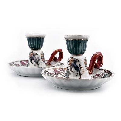 Vintage Porcelain Chamberstick Floral Motif. ABV1000 Description: A charming pair of porcelain 