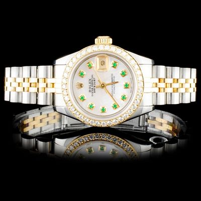 Rolex YG/SS DateJust Diamond Ladies Watch. Rolex DateJust 26mm Two-Tone Emerald and Diamond 