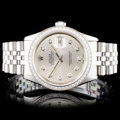 Rolex DateJust 36mm SS Diamond Wristwatch. Rolex DateJust 36mm Stainless Steel Diamond 