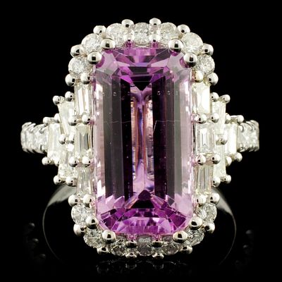 18K Gold 7.10ct Kunzite & 1.30ctw Diamond Ring. This solid 18K white gold ring showcases a 