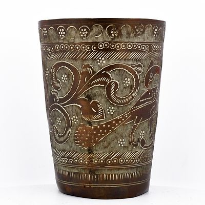 Engraved Brass Beaker Stylized Bird Foliate Motifs. ABV600 Description: A cylindrical brass 