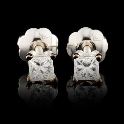 14K Gold 0.20ctw Diamond Earrings. These solid 14K white gold earrings feature princess-cut 