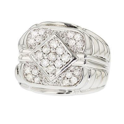 14K White Gold 1.10ctw Diamond Gents Ring. This 14K white gold ring is set with round 