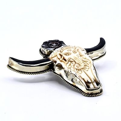 Bone Pewter Ganesha Bull Skull Wall Ornament. Distinctive decorative bull skull ornament crafted 