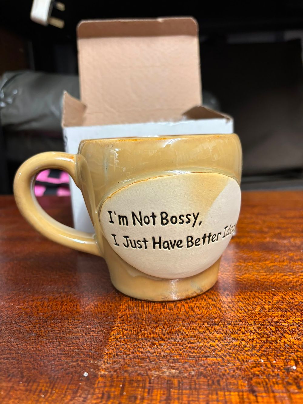 Lot 269: Glazed stoneware novelty mug with applied humorous text plaque - As New