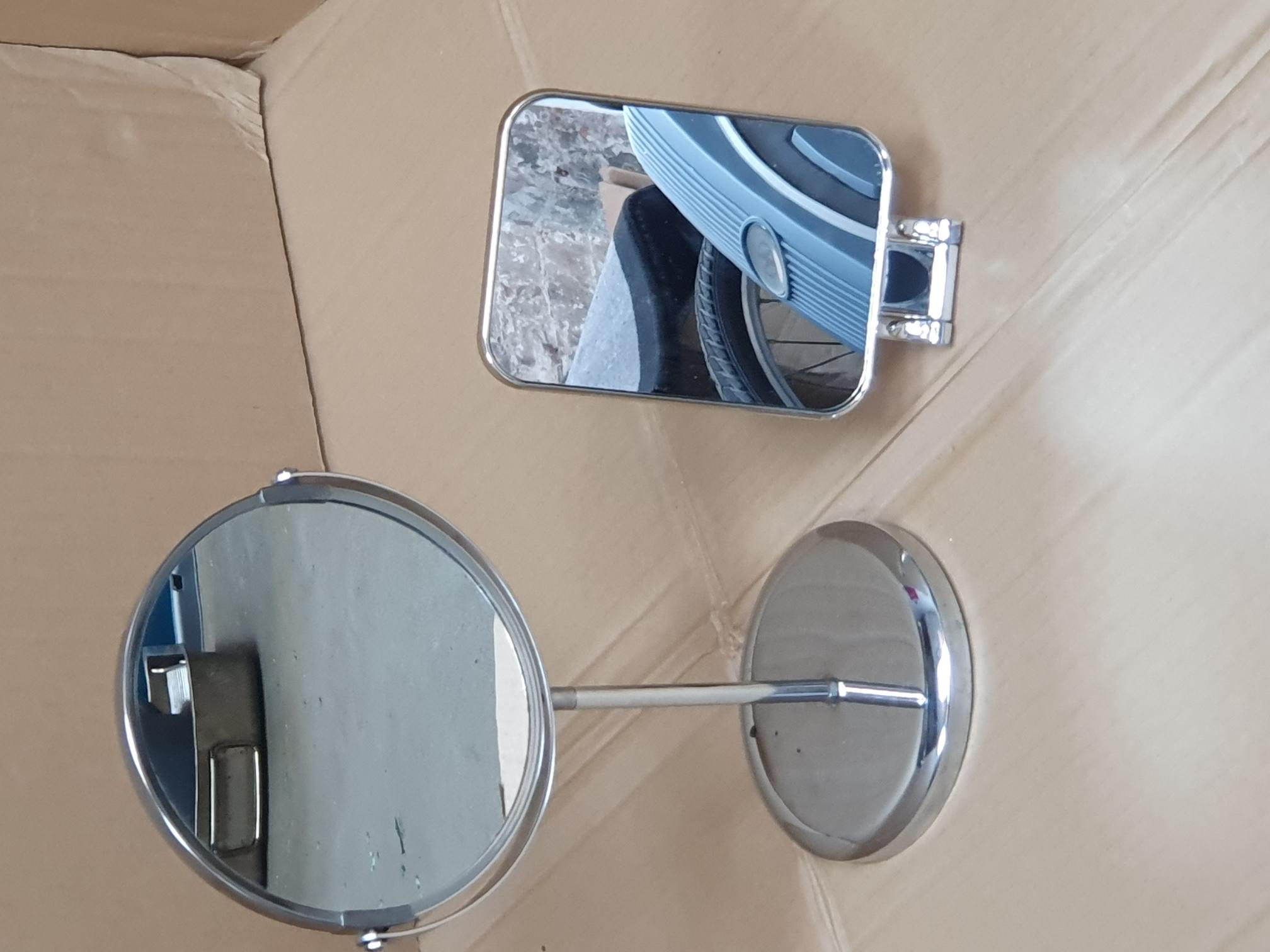 Two Modern Chrome-Plated Mirrors Comprising a Pedestal Vanity Mirror and an Articulated Wall Mirror
