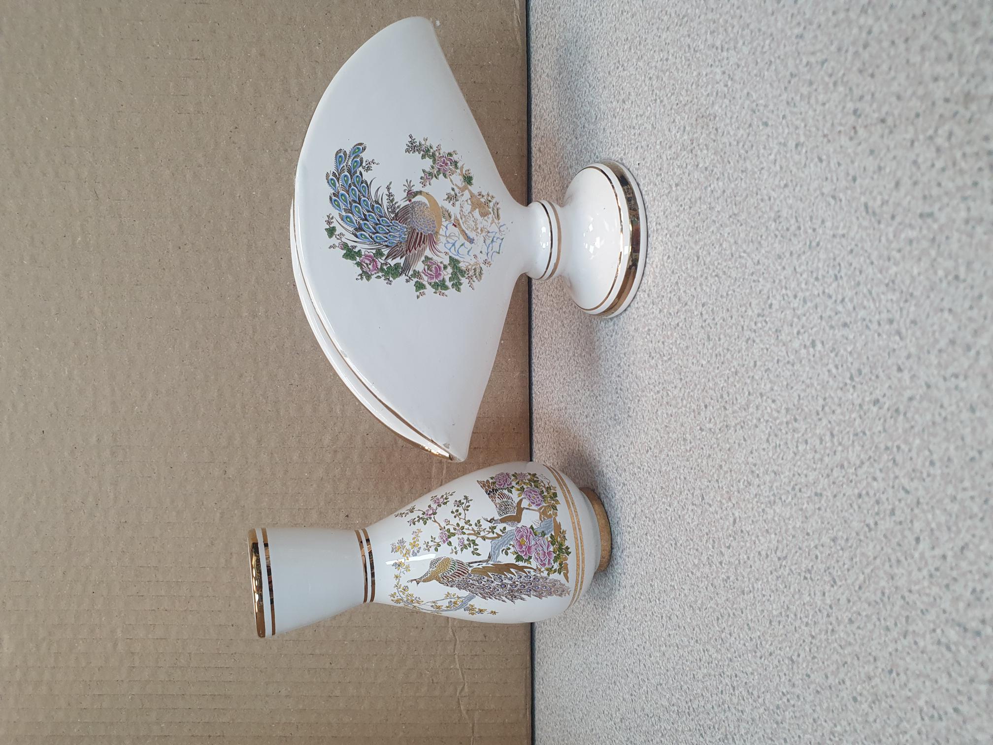 Two Neofitou Greek Porcelain Peacock Vases with 24 Carat Gold Accents