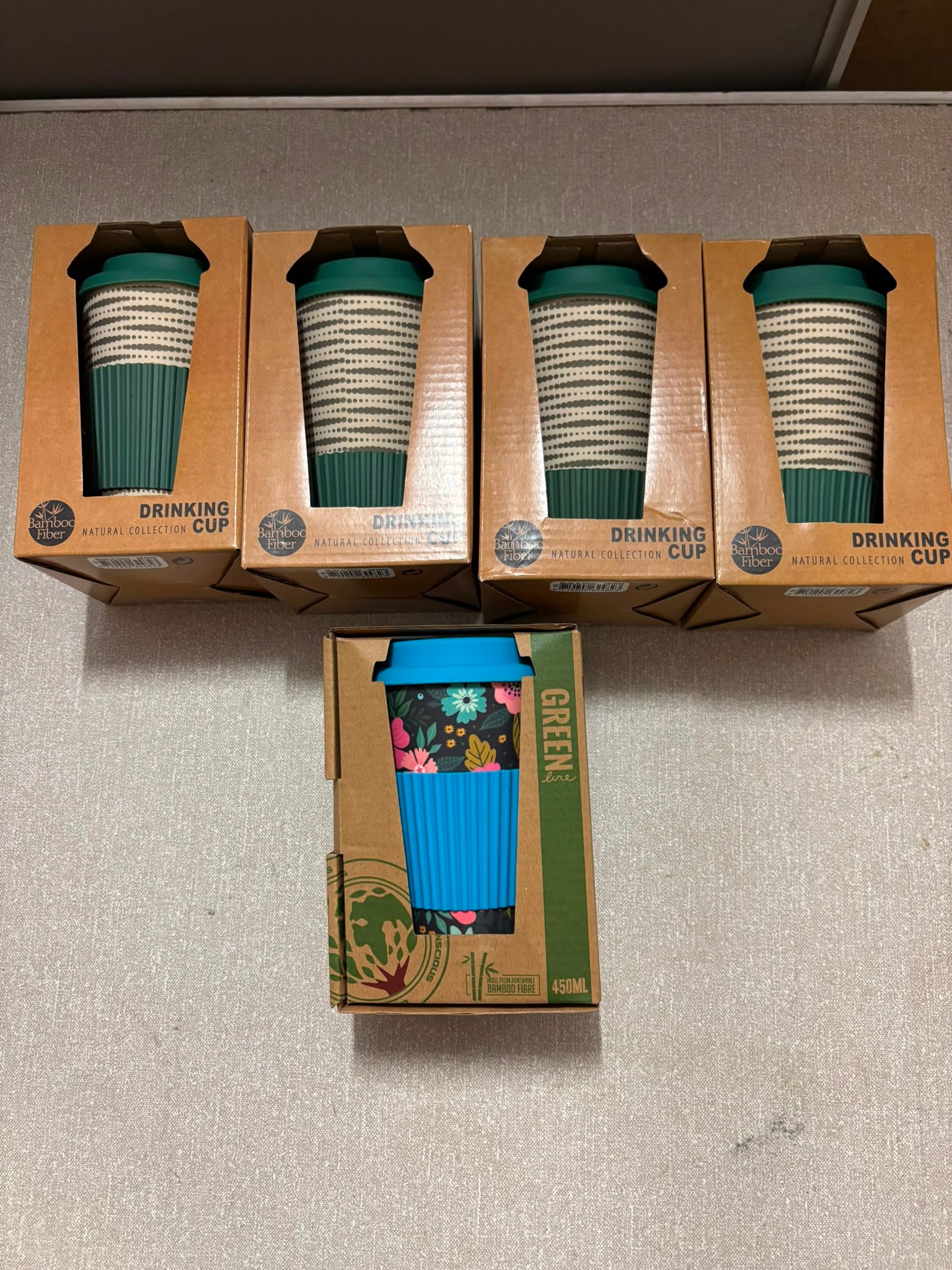 Five Reusable Bamboo Fibre Drinking Cups, New in Packaging