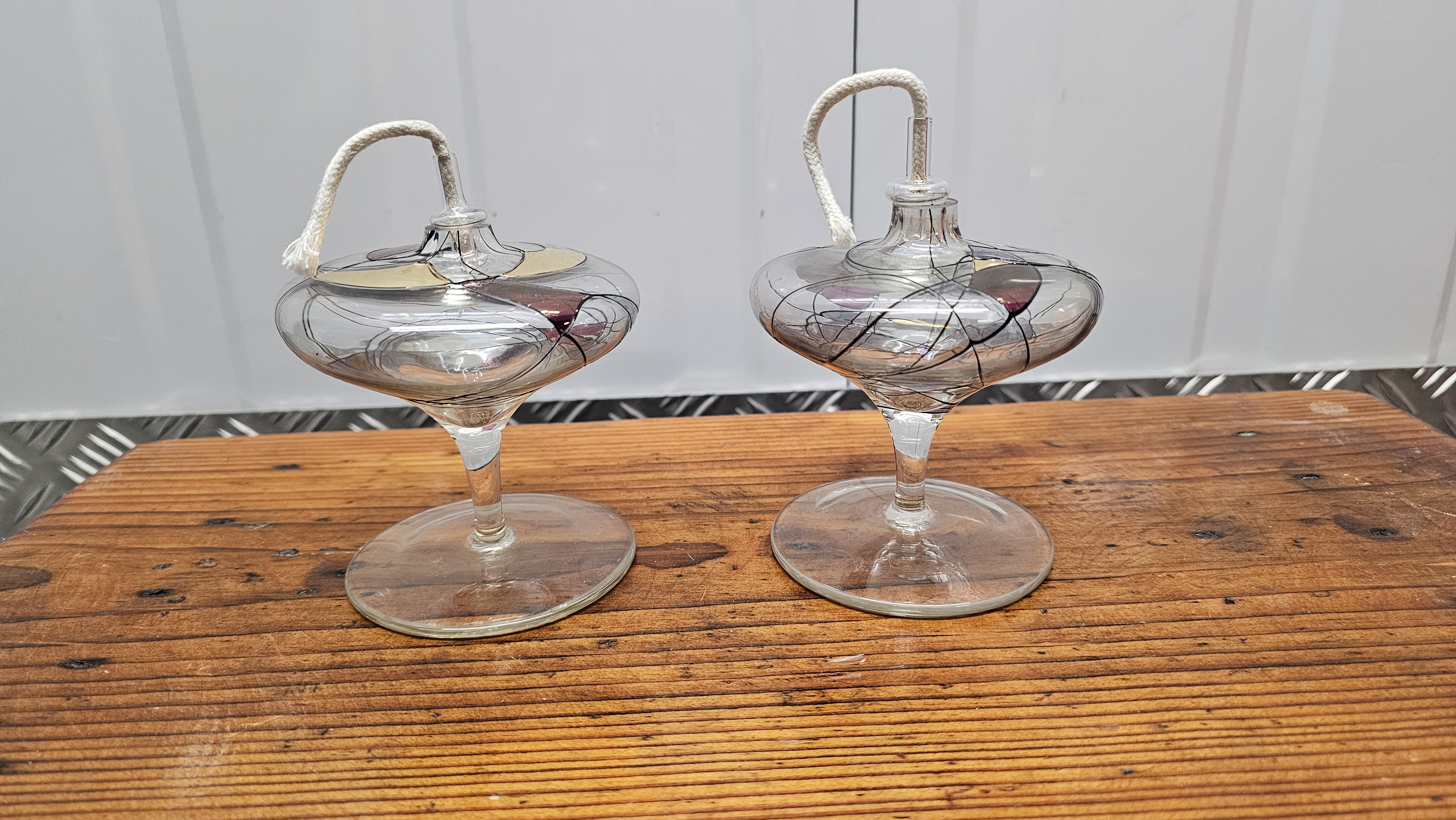 A Pair of Stained Glass Style Pedestal Oil Lamps, Excellent Condition -Look Unused