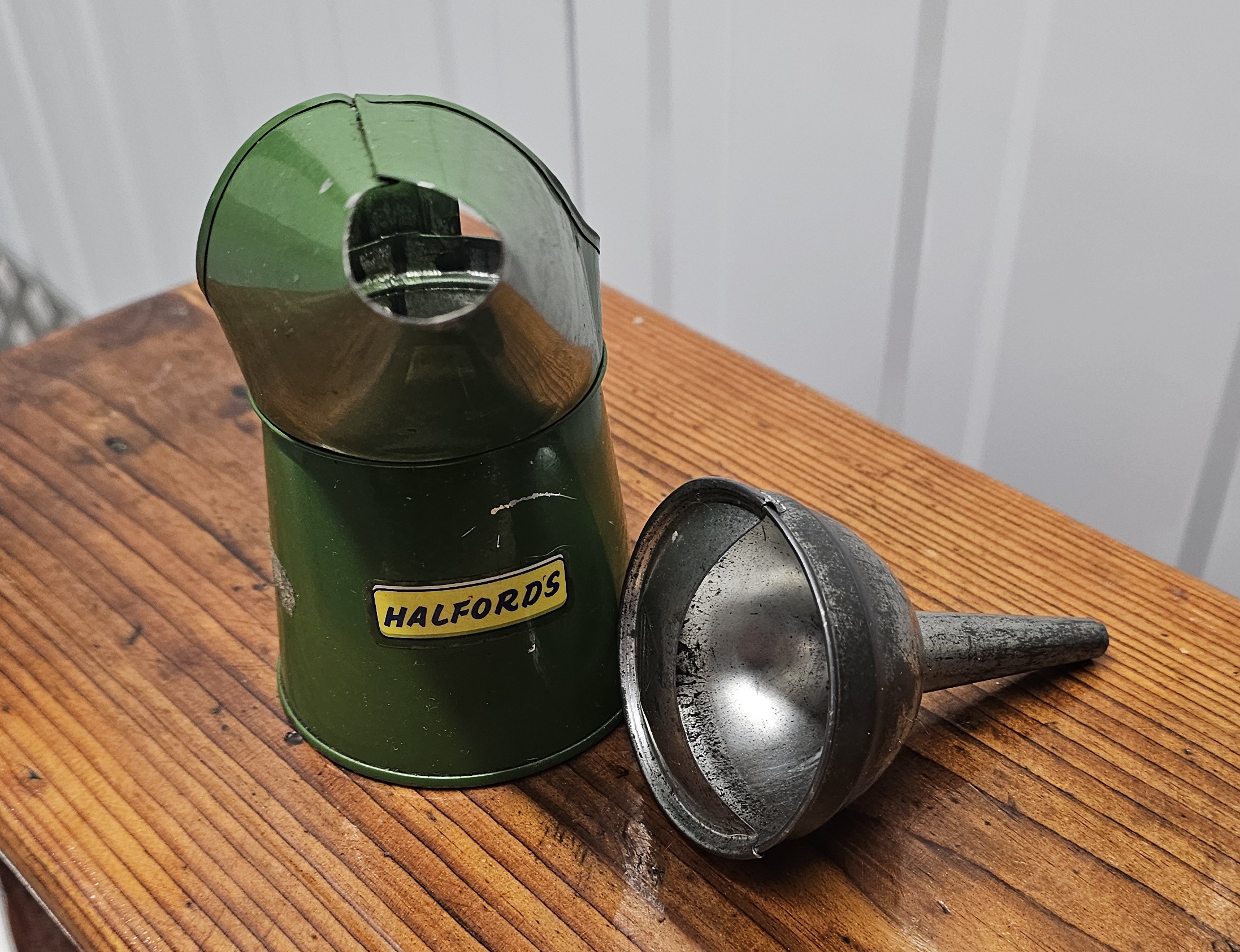 Two Vintage Automotive Items Comprising a Halfords Oil Pouring Jug and Span Funnel