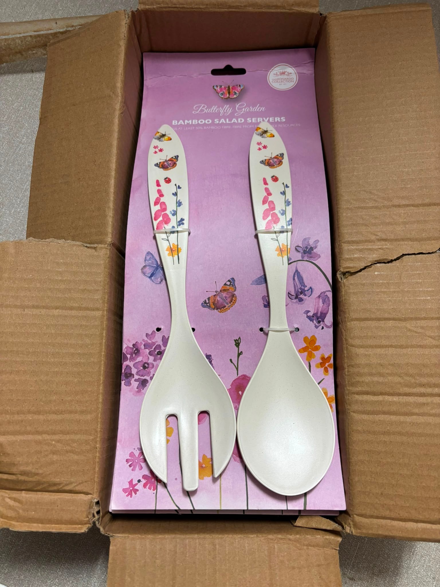 6 Packs of The Leonardo Collection Butterfly Garden Bamboo Salad Servers, New in Box
