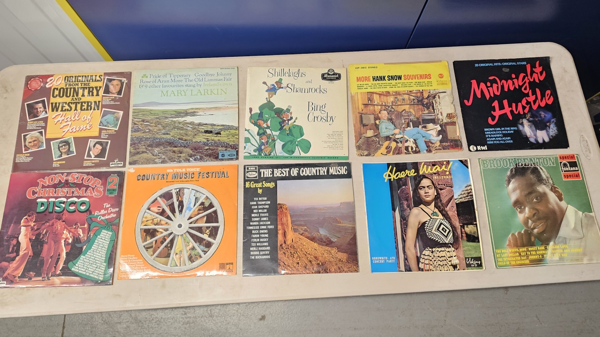 A Collection of Ten Vintage Vinyl LP Records including Country, Folk, Disco, and Popular Music