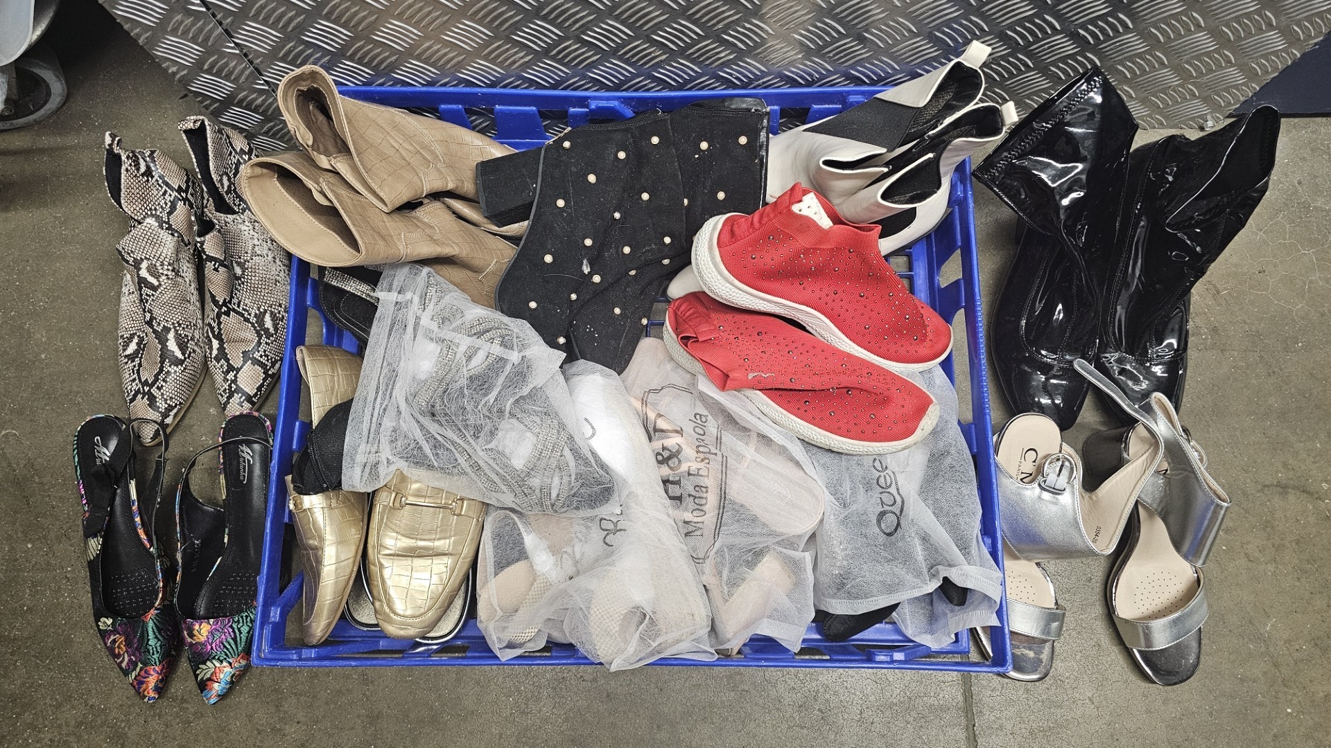 A Collection of Assorted Women's Footwear including Boots, Sandals, and Flats. Some New, some little wear