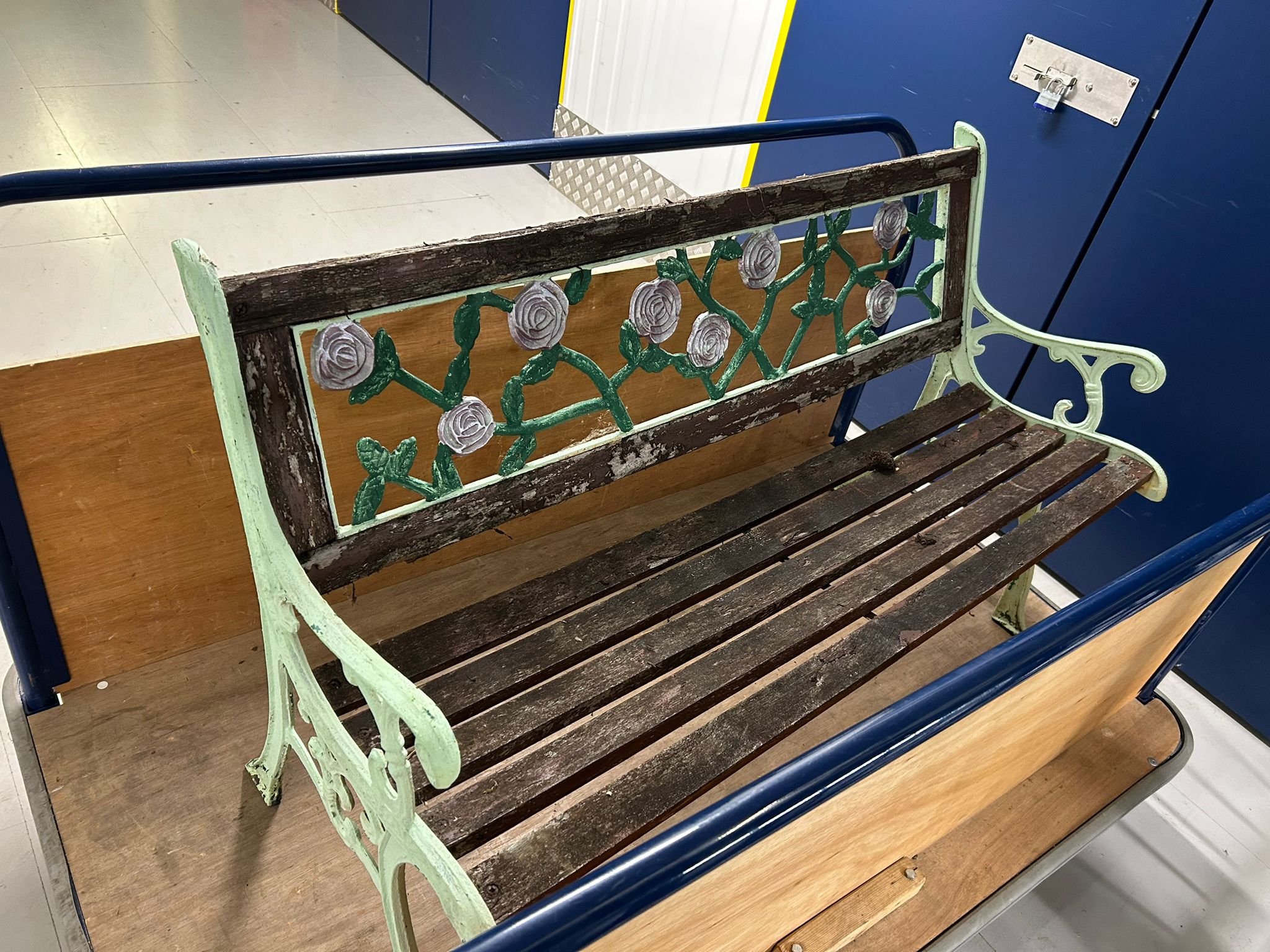 Victorian Style Cast Iron and Slatted Wood Garden Bench with Rose Vine Motif