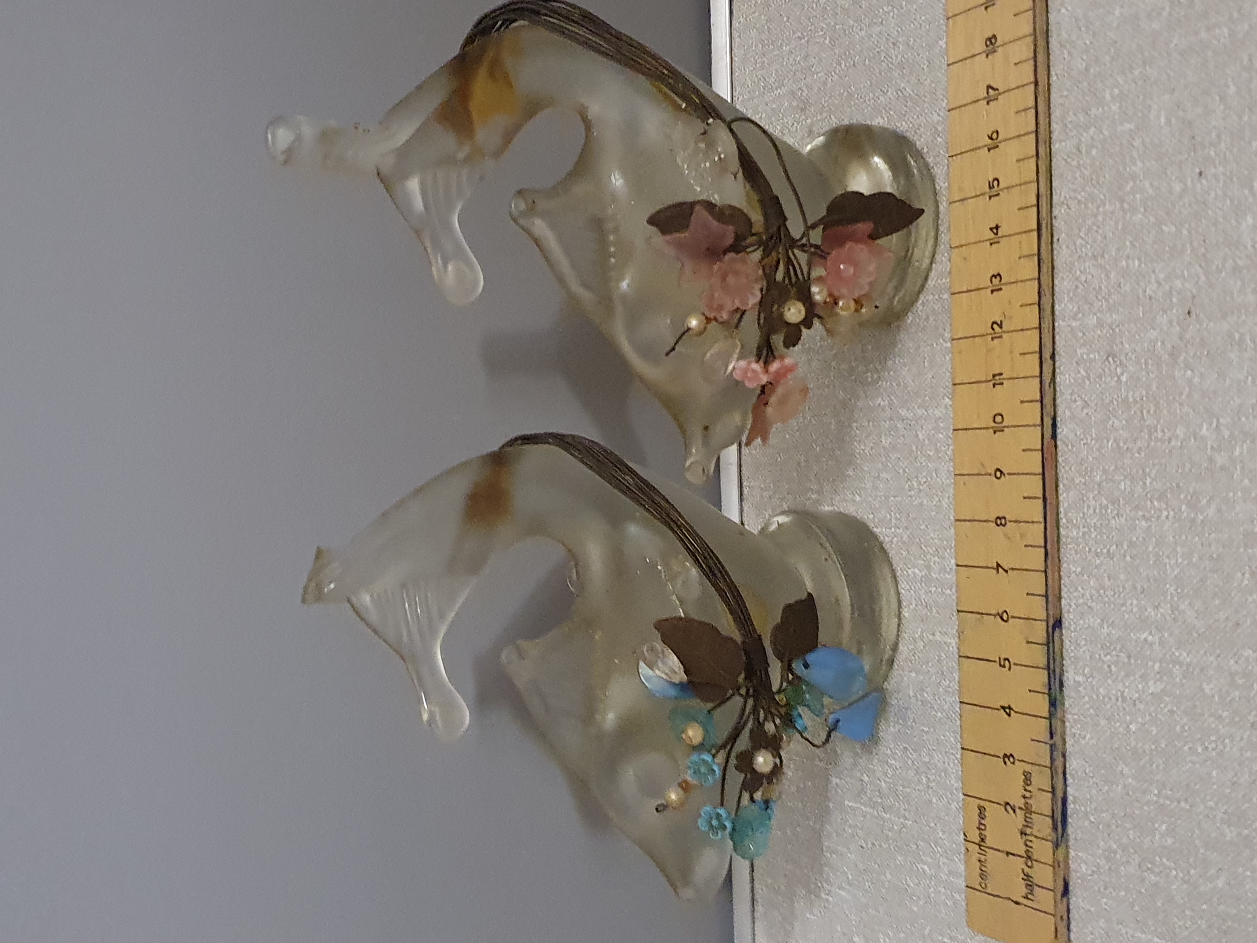 A Pair of Mid-20th-Century Frosted Glass Aquatic Style Figurines with Floral Beadwork