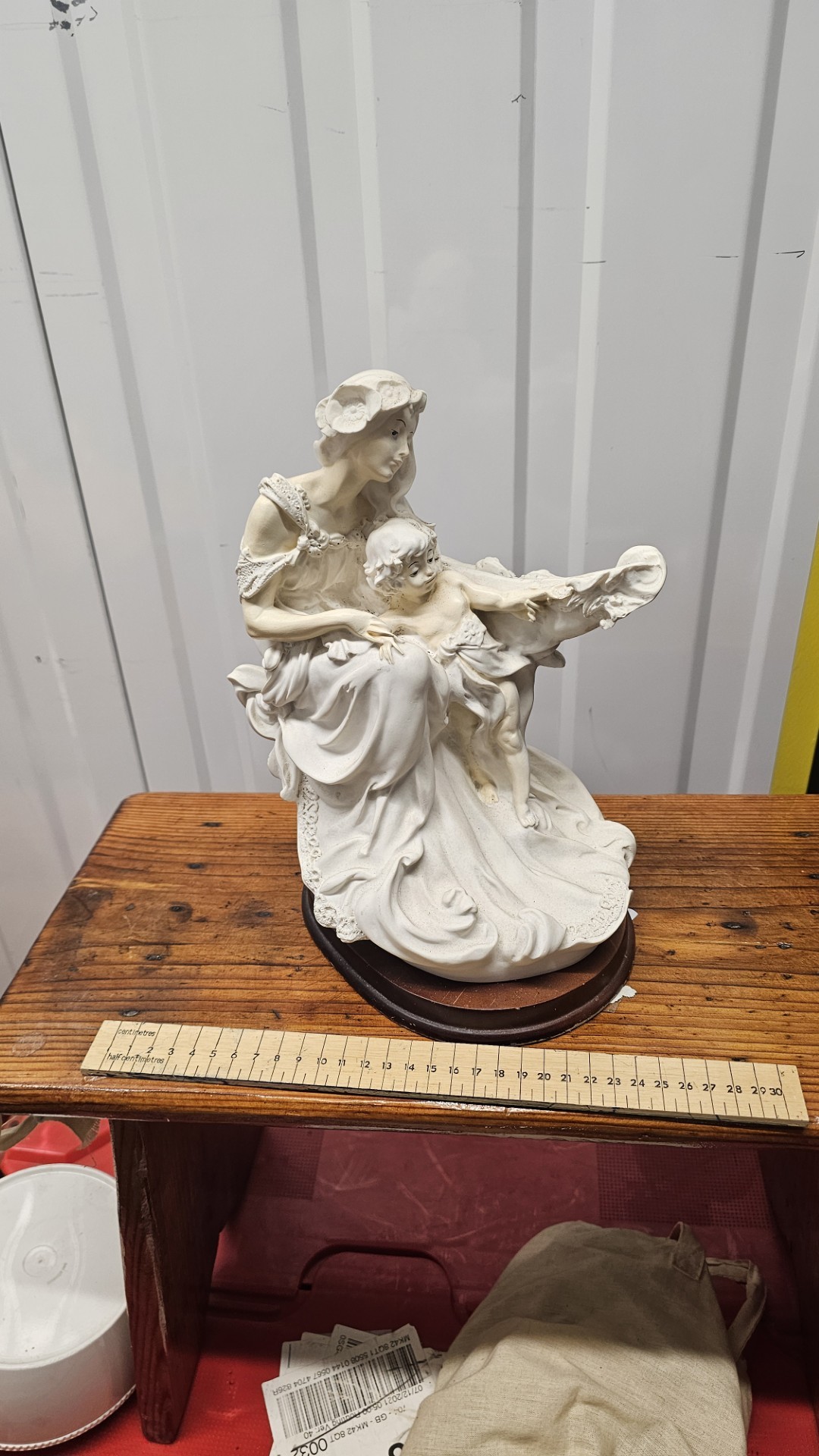 A Large White Composite Figurine of a Mother, Child, and Swan in the Style of Giuseppe Armani