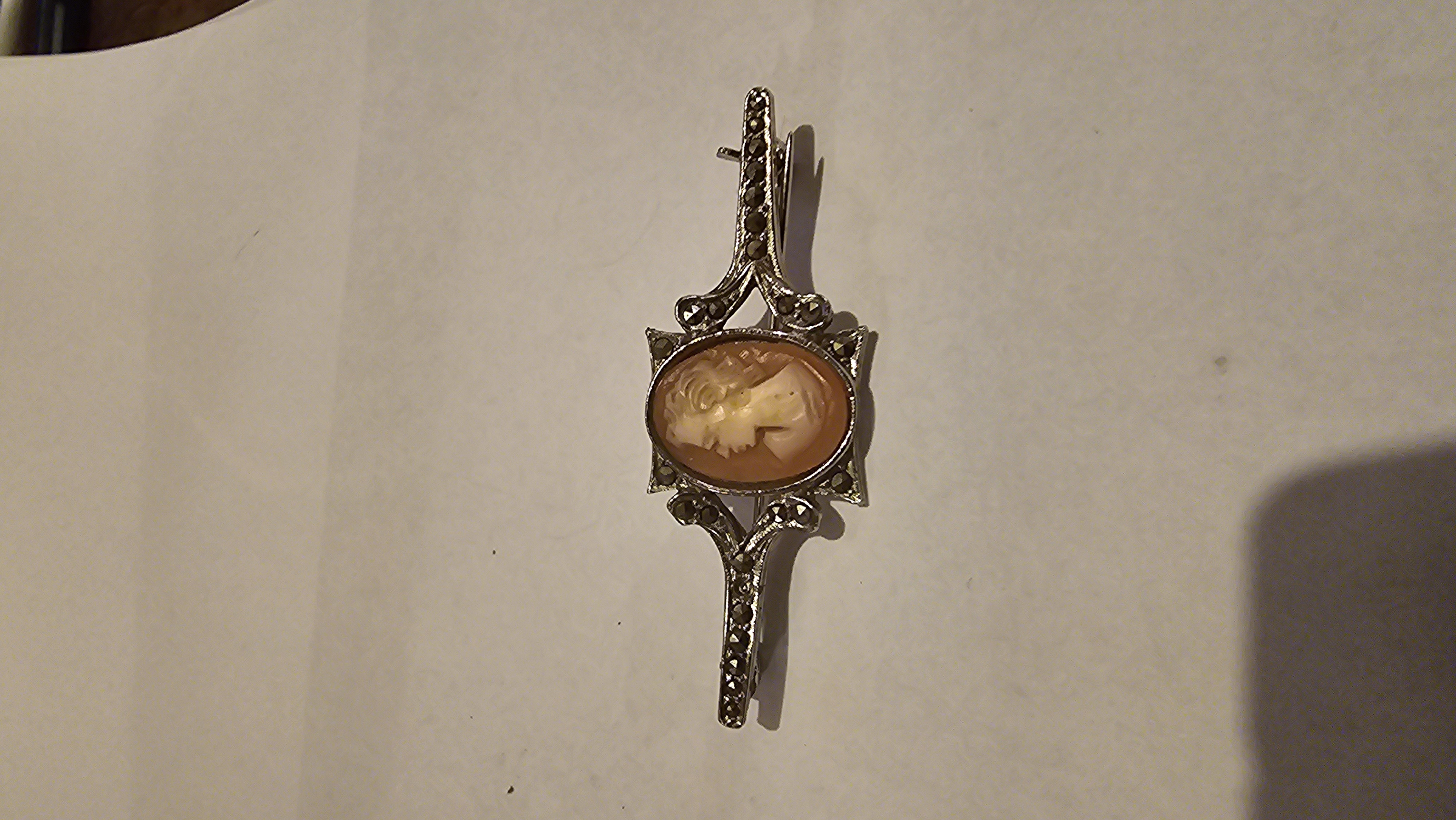 Art Deco Style Shell Cameo and Marcasite Silver Tone Bar Brooch