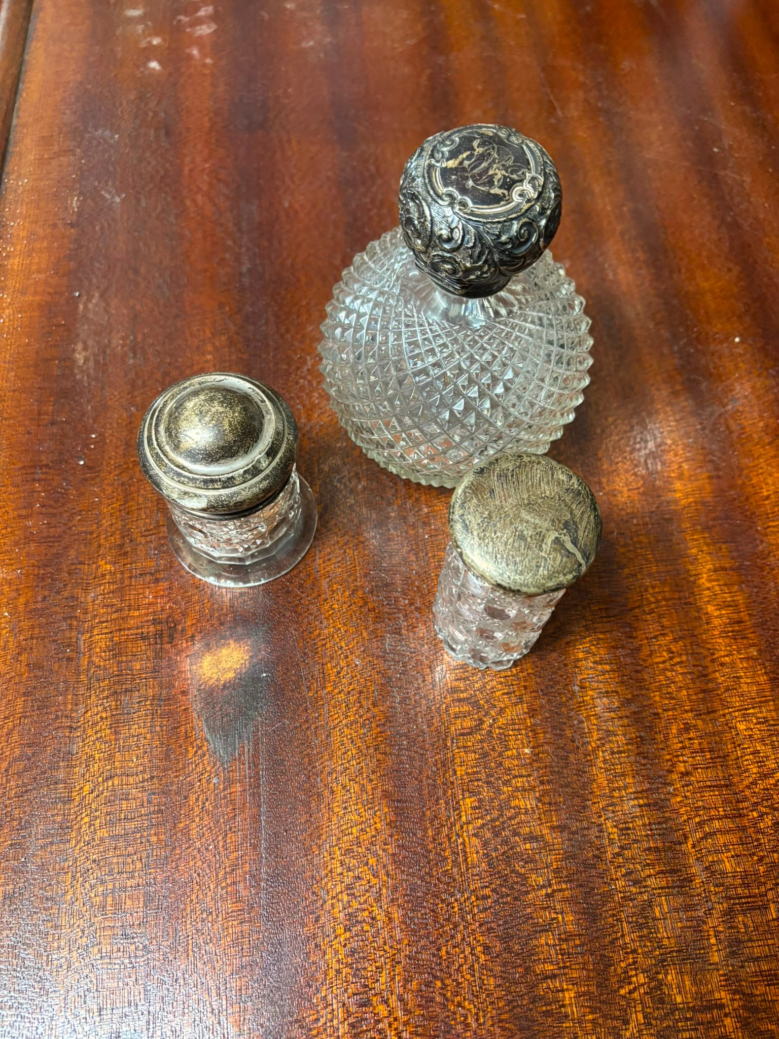 A Trio of Sterling Silver Mounted Cut Glass Dressing Table Items by S. Blanckensee & Son Ltd, London 1915