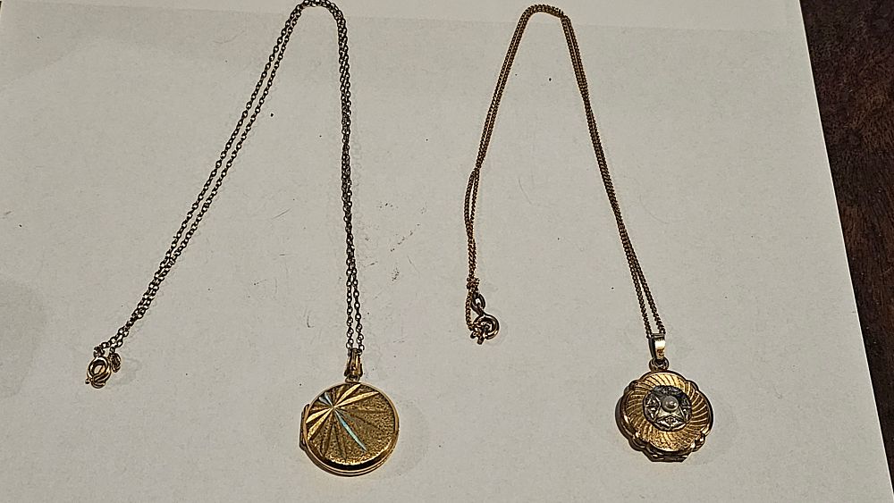 Lot 334: Two Rolled Gold Locket Necklaces with Engine-Turned Decoration