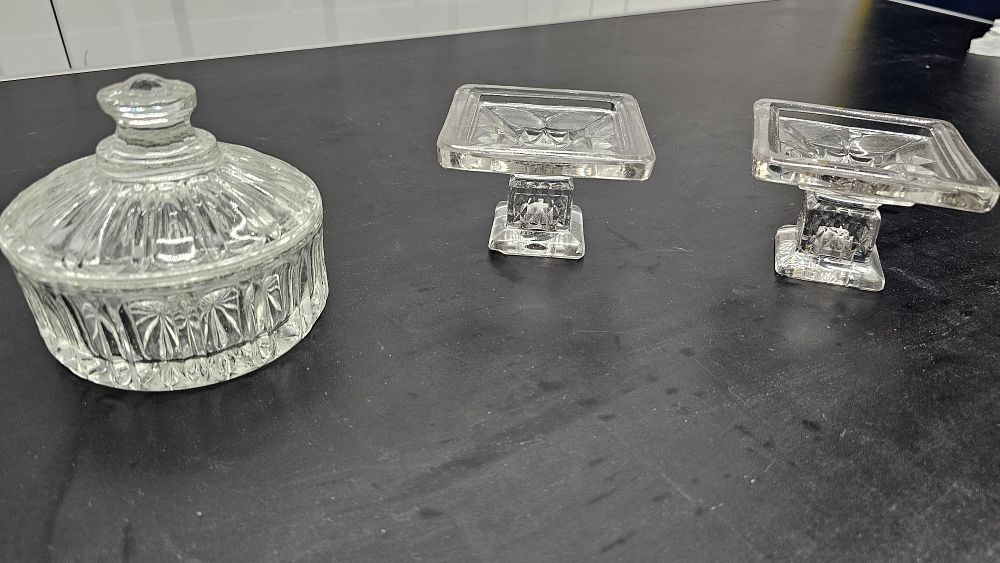 Lot 341: A Trio of Clear Pressed Glass Dishes including a Lidded Box and a Pair of Pedestal Dishes