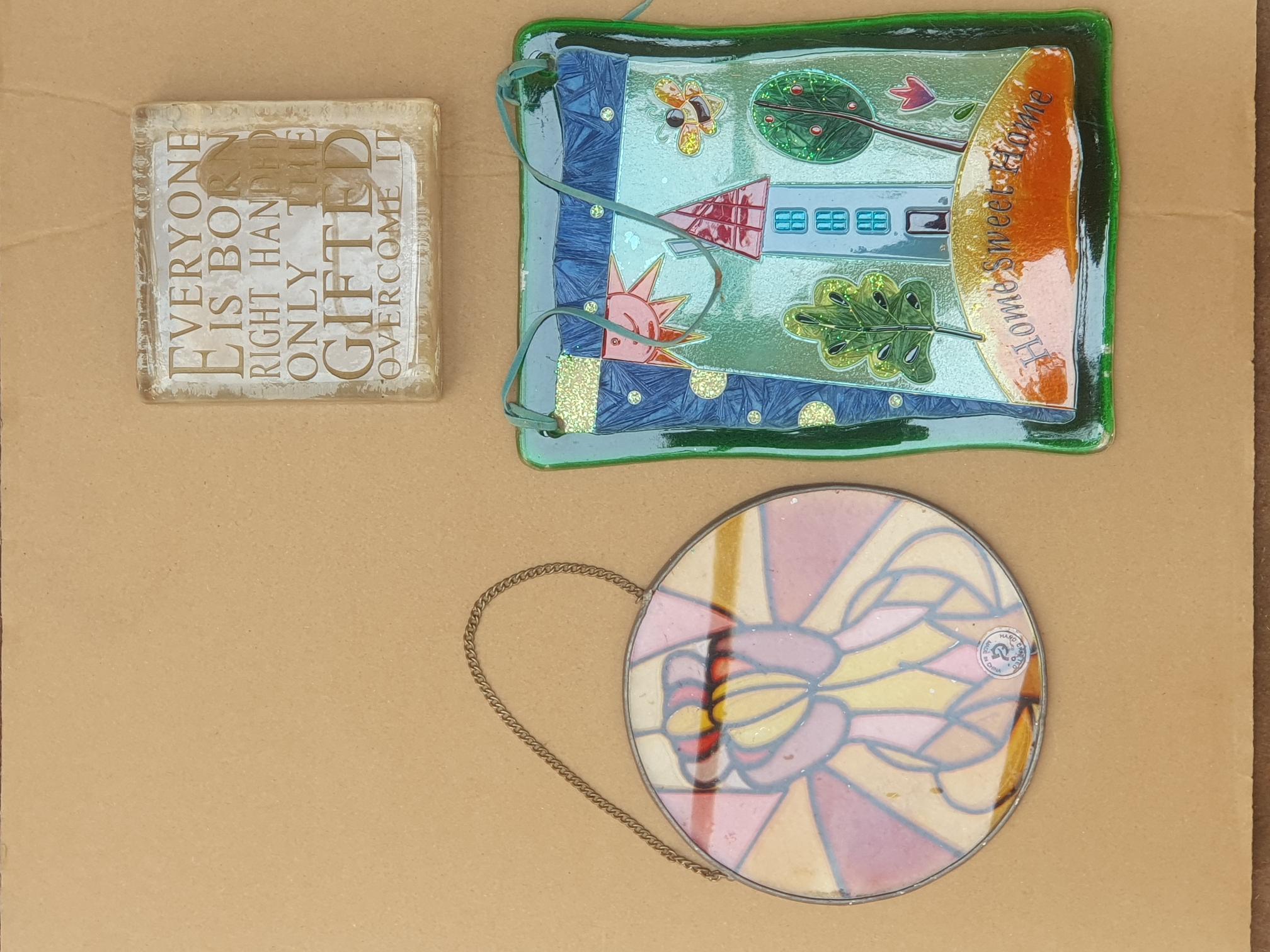 A Trio of Decorative Art Glass Plaques and a Paperweight