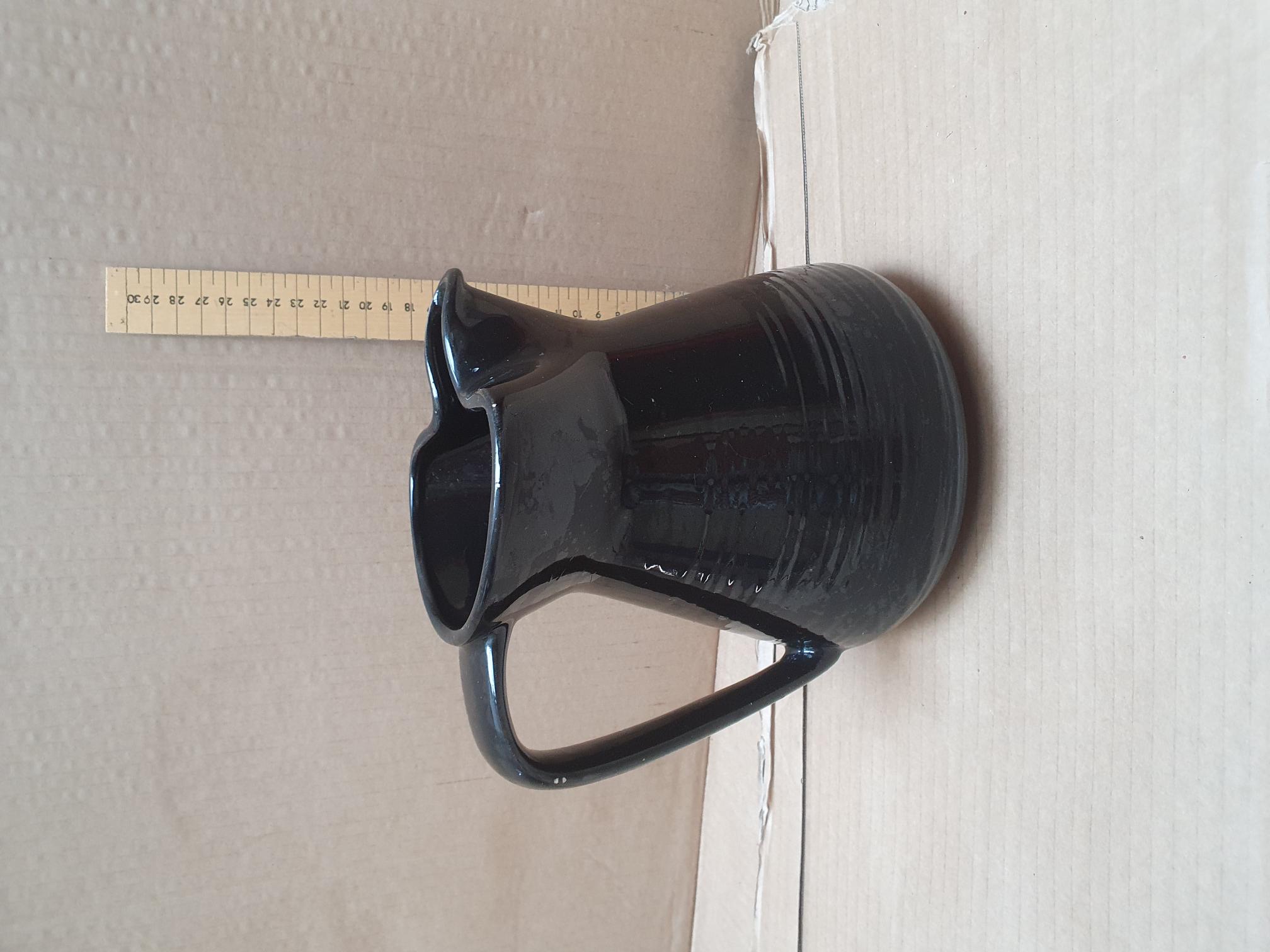 Mid-century Black Glazed Earthenware Pitcher with Ribbed Decoration