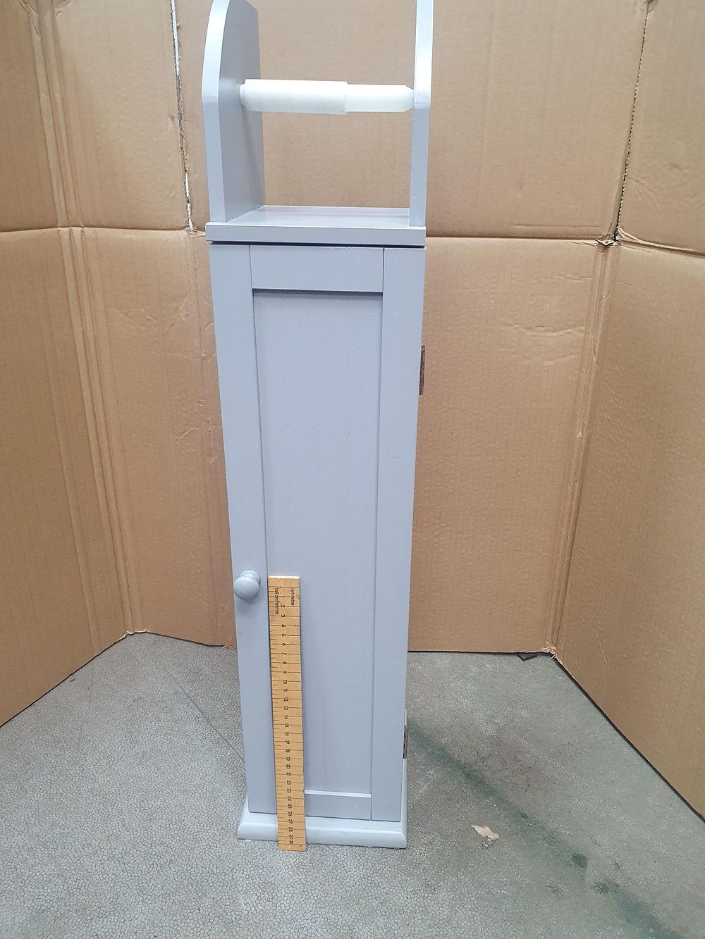 Lot 393: Contemporary Slimline Grey Painted Bathroom Storage Cabinet and Toilet Roll Holder