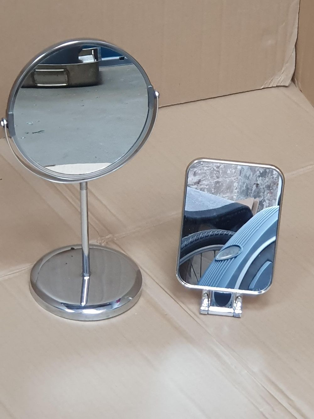 Lot 378: Two Modern Chrome-Plated Mirrors Comprising a Pedestal Vanity Mirror and an Articulated Wall Mirror