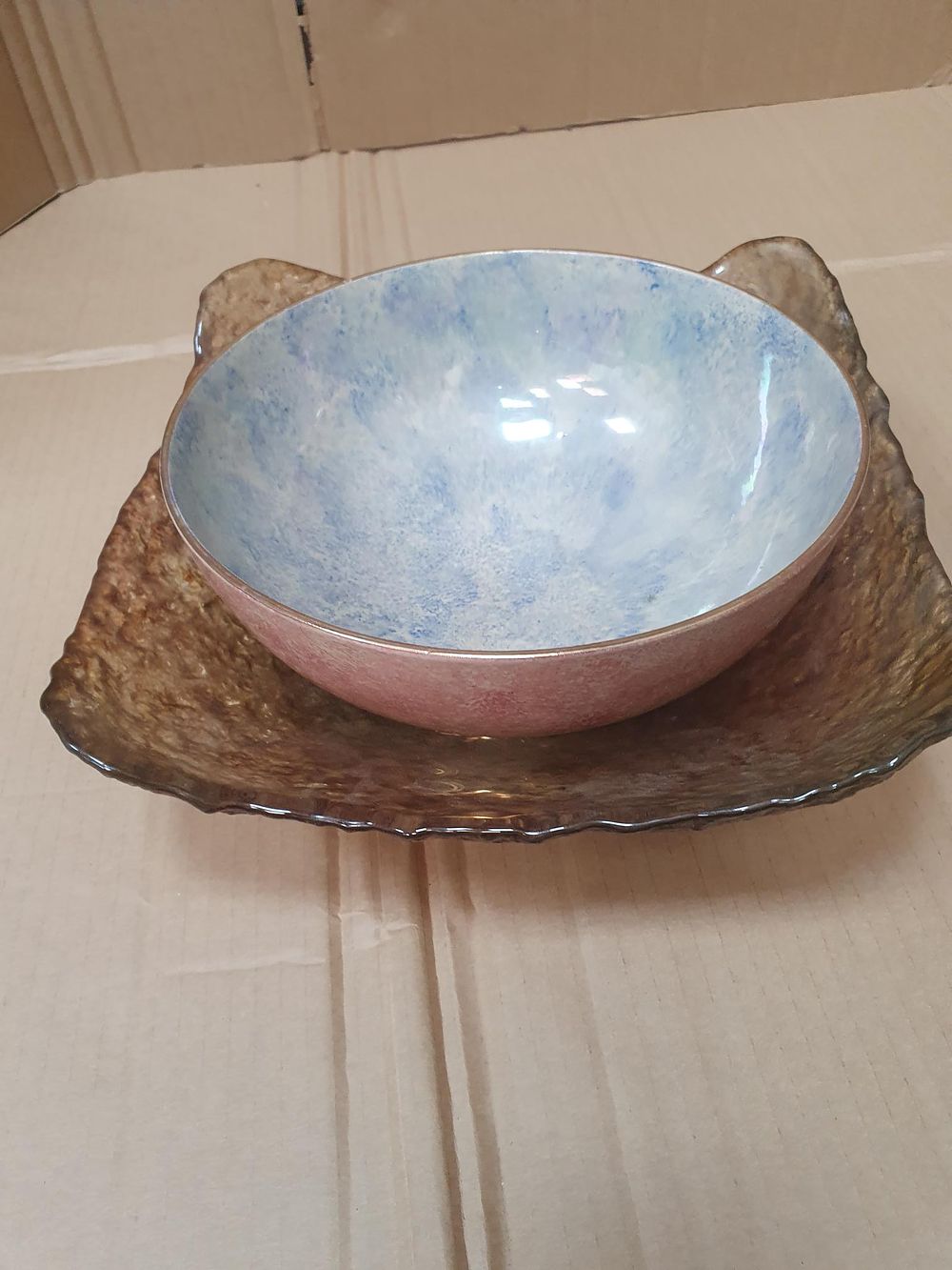 Lot 375: Two Decorative Tablewares Comprising a Lustre Ceramic Bowl and an Iridescent Textured Glass Dish