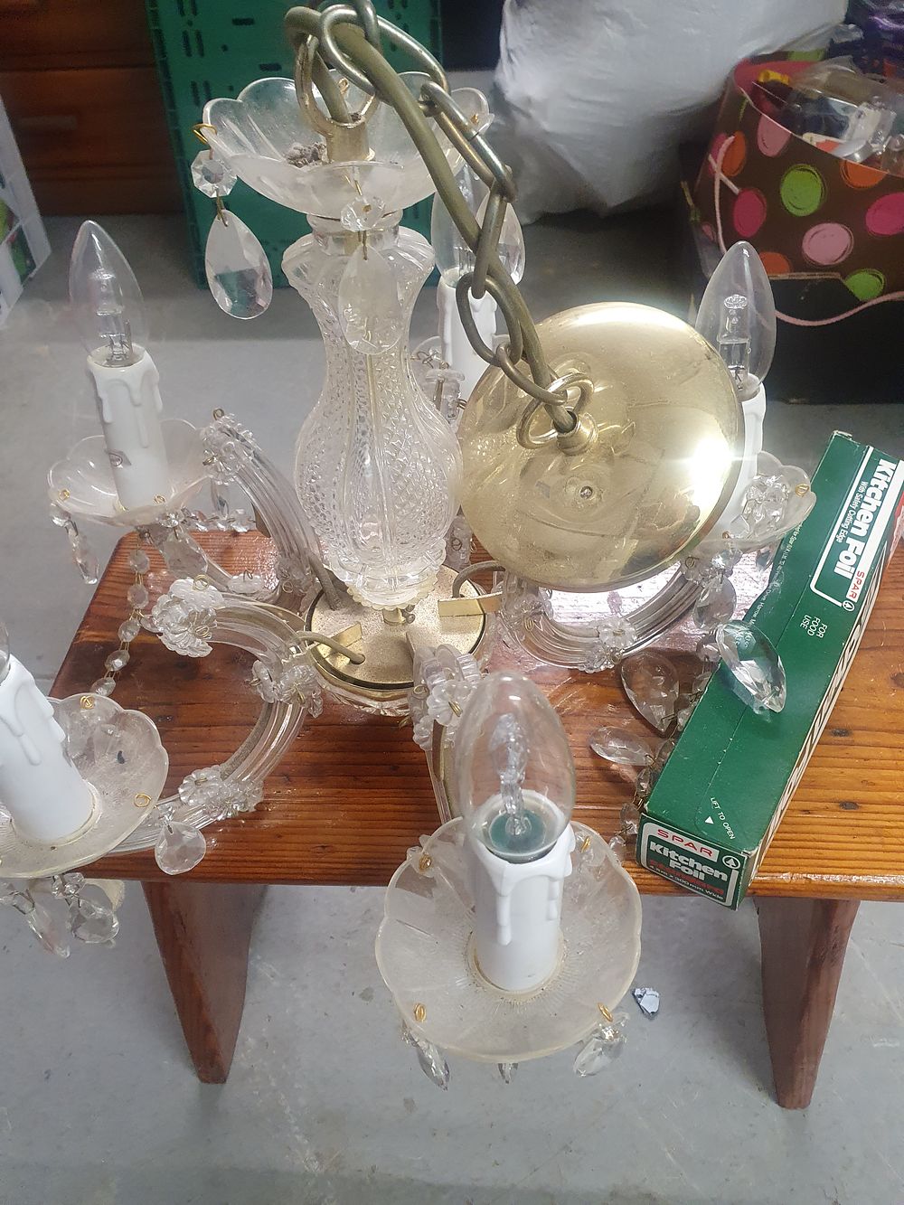 Lot 283: An Endon Lighting five-arm glass and brass-tone chandelier Art No. GM Mt5